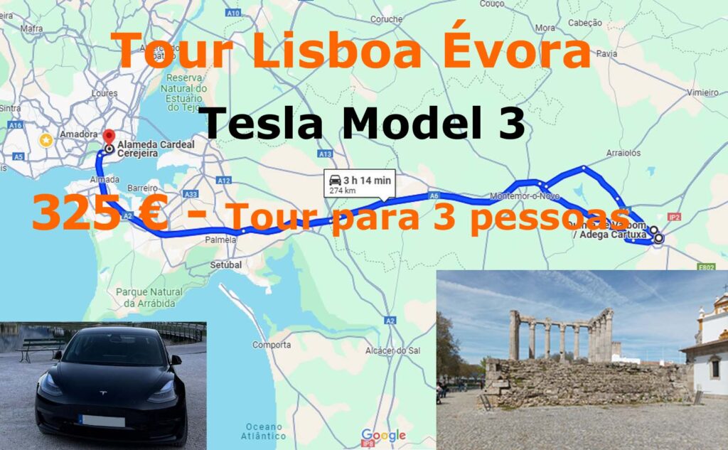 Tour Lisbon Evora in a Tesla Model 3 for 3 people for 325 euros